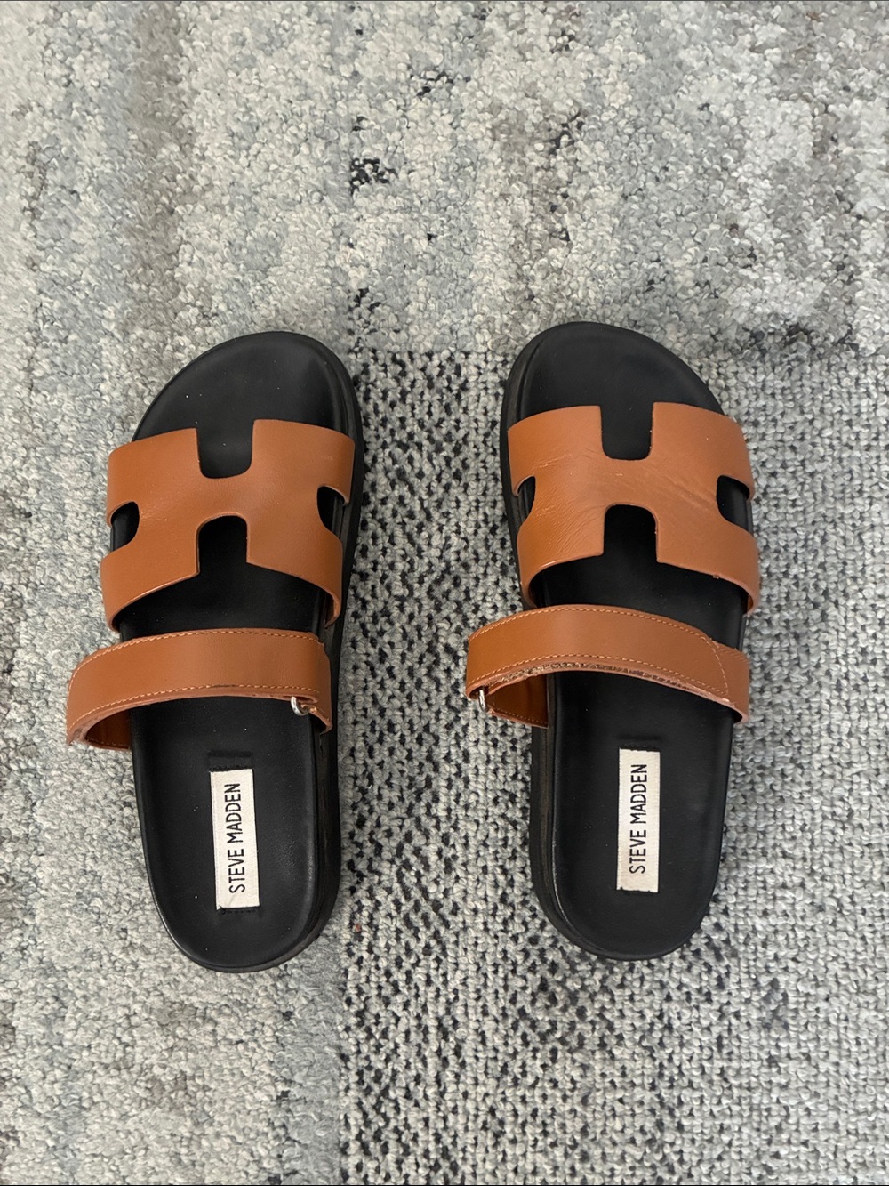 Steve Madden Tan Brown Leather Dual-Strap Slide Sandals